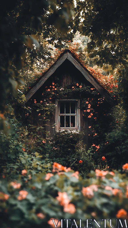 Cozy forest cottage wrapped in blooming red garden roses.