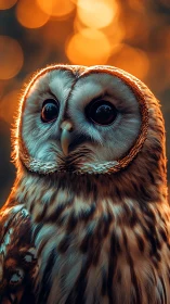 Barred owl portrait against defocused warm light background.