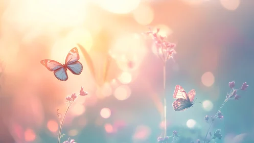 Soft sunrise welcomes two gentle butterflies in pastel air