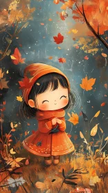 Small child in orange coat stands among falling autumn leaves