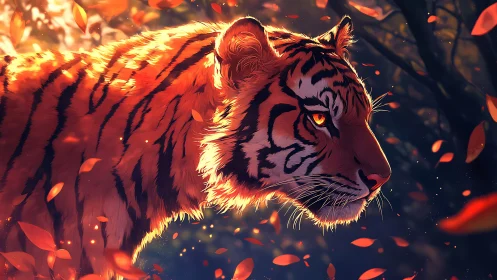 Backlit tiger profile in autumn forest rendered as digital painting