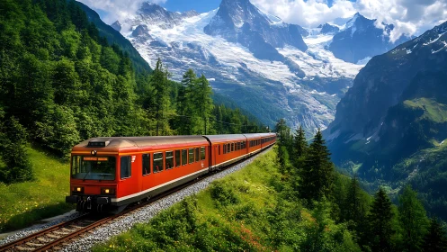 Red mountain train travels through lush alpine valley