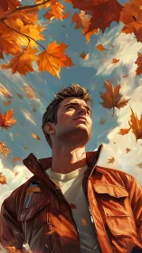 Autumn leaves swirling around pensive man in orange jacket.