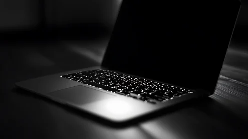 Open laptop in dark room with glowing keyboard light.