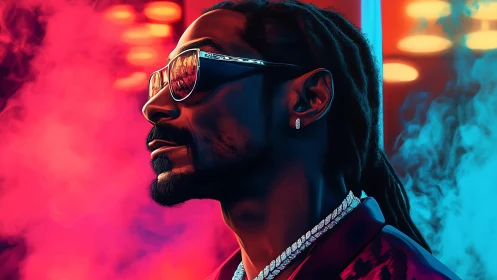 Cool neon-lit portrait of confident man in reflective shades.