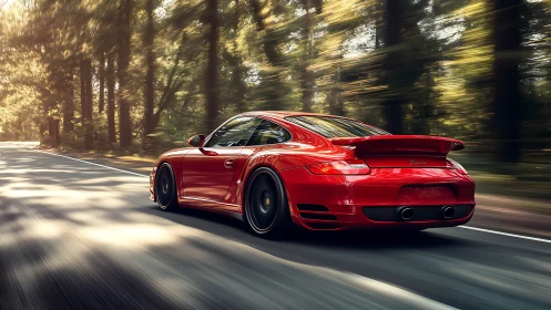 Red sports car glides through a sunlit forest highway