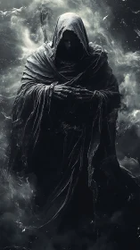 Shrouded reaper figure waits calmly within swirling shadow mist