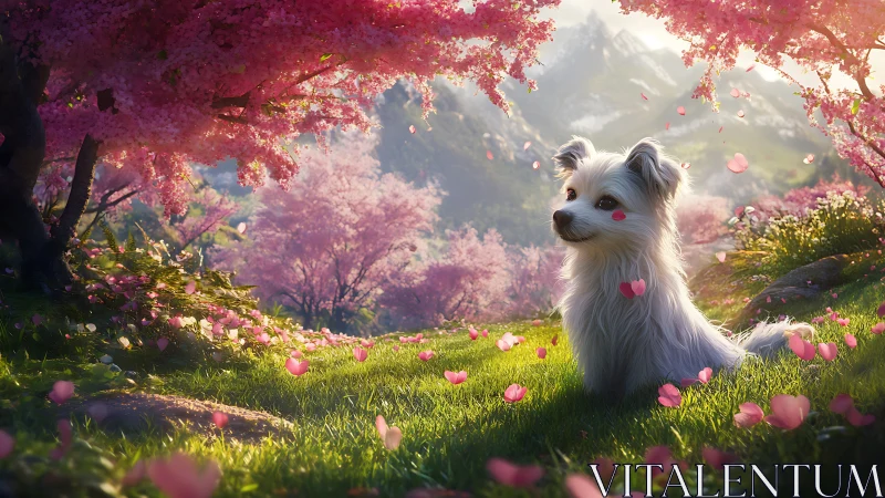 Gentle white dog rests beneath blooming cherry trees at dusk