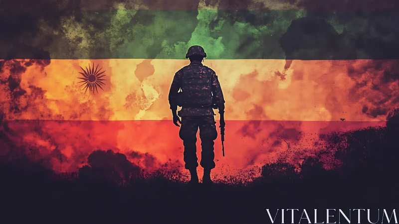 Silhouetted soldier over tricolor battle-scarred flag backdrop.