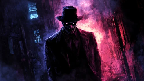 Midnight top-hatted nightmare strolls through neon smoke