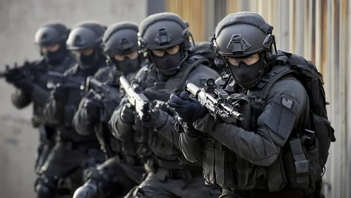 Tactical police team advances in tight urban formation.