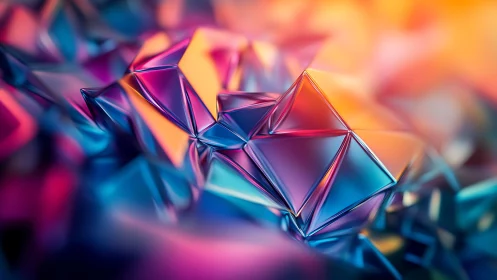 Geometric chrome pyramids under neon gradient lightscape.