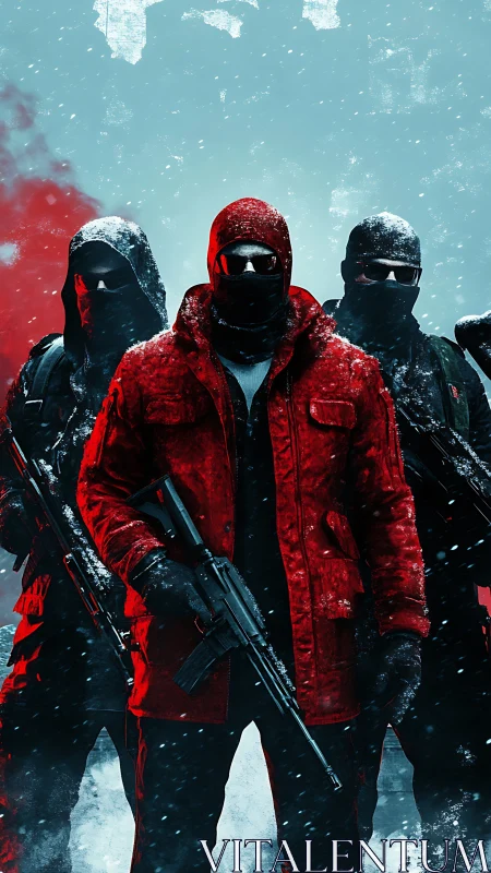 Armed masked squad advances through a frozen urban storm