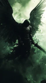 Stormlit fallen angel carves silence through emerald smoke