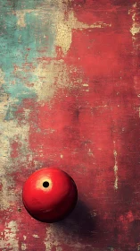 Red spherical object centered on distressed painted board