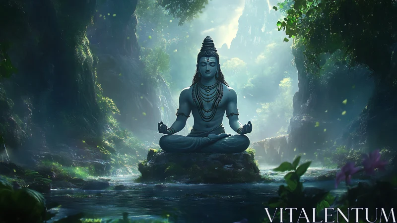 Serene blue deity meditating amid misty enchanted jungle.