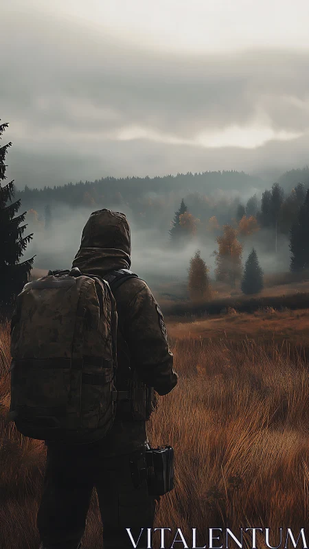 Solitary hiker observing misty conifer valley landscape.