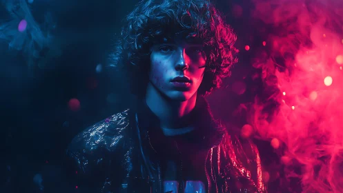Neon-lit portrait captures moody youth in vaporous glow.