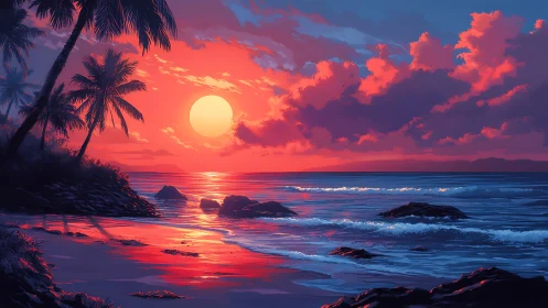 Radiant tropical sunset bathes a tranquil palm-lined shore