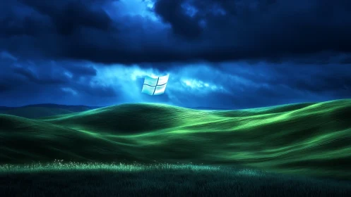 Windows logo glows above stylized green hills at night