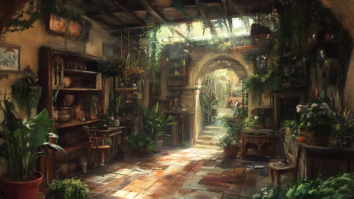 Sunlit rustic conservatory filled with lush indoor greenery.