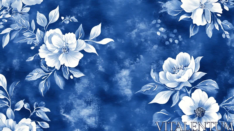 White flowers on deep blue textured background with painted botanical details.