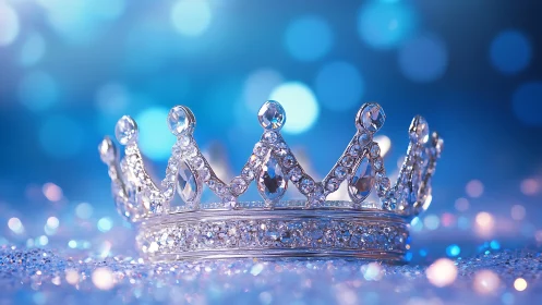 Silver jeweled crown on glittered surface with blue bokeh.