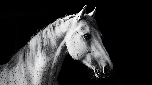 Stark monochrome portrait of a white horse in profile view.
