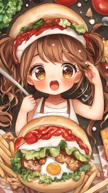 Kawaii girl poses with giant burger in playful food spread.