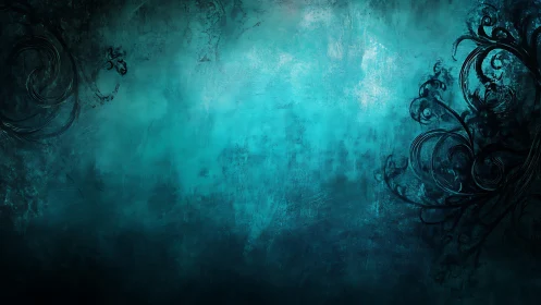 Turquoise mist backdrop with dark ornamental curls.
