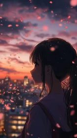Anime girl overlooking city skyline at warm sunset sky.