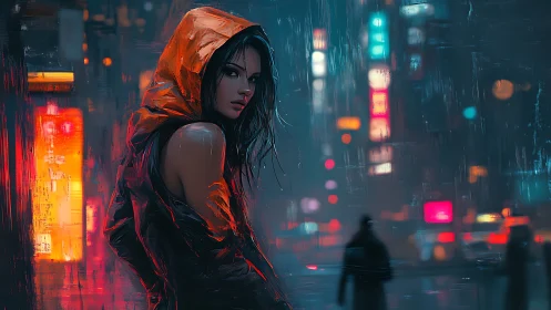 Neon rain drapes a hooded stranger in electric city glow.