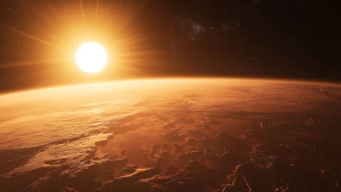 Stellar sunrise over arid planetary horizon in warm haze.