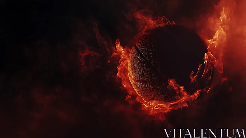 Flaming basketball sphere in dynamic dark inferno field.