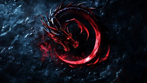 Crimson dragon emblem coiled over dark textured stone.