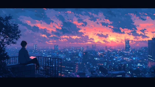 Solitary figure on rooftop overlooking illuminated cityscape.