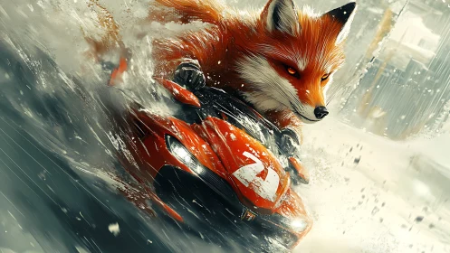 Fox racer powers through snowstorm on crimson superbike.