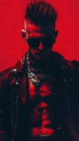High contrast cyberpunk portrait isolates punk rider in red chiaroscuro