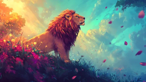 Lion on flowered hill under dramatic sky at sunset.