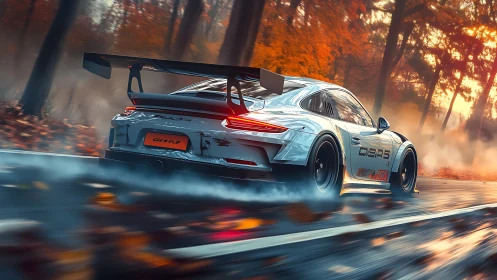 Silver track beast drifts through ember-bright autumn forest