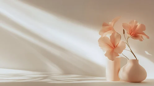 Sunlit Peach Blooms in Soft Ceramic Vessels.