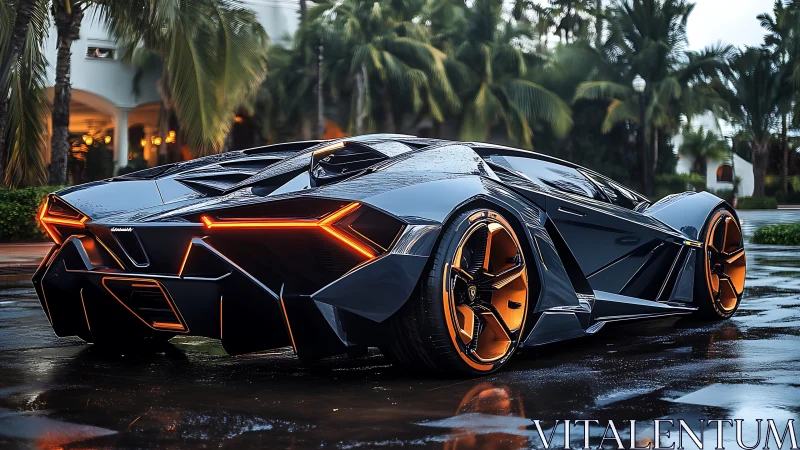 Futuristic hypercar with neon accents on wet luxury driveway.
