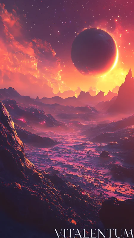 Flaming alien horizon glows warmly beneath a rising planet