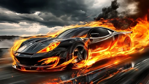 Flaming supercar races through stormy highway at full speed.