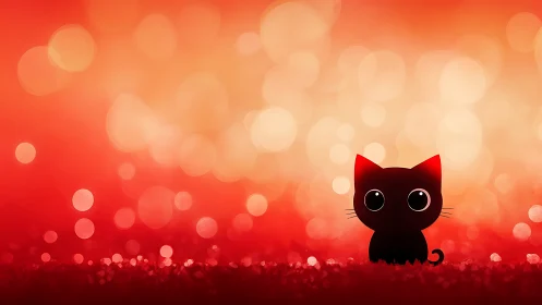 Adorable Black Cat Silhouette Against Warm Bokeh Gradient