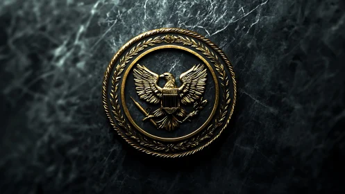 Golden eagle emblem on dark marble background.