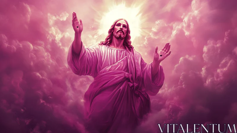 Radiant robed figure ascending through magenta volumetric clouds