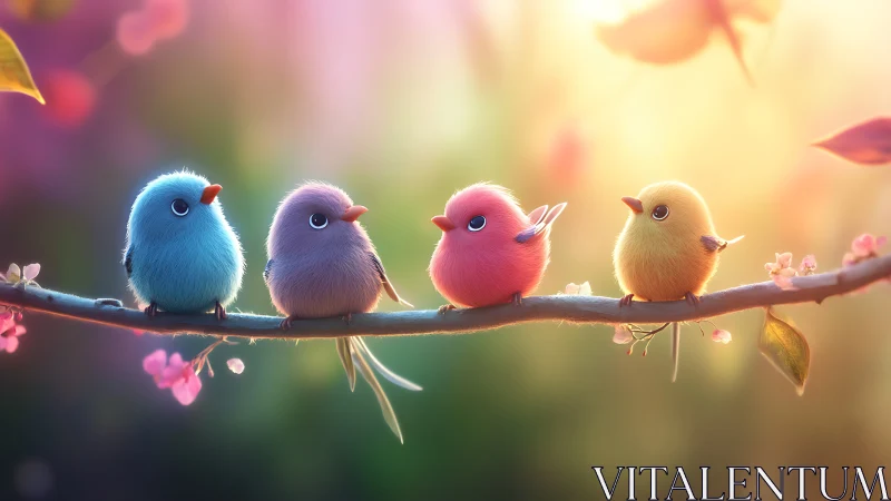 Four Cute Colorful Cartoon Birds on a Branch in Soft Pastel Light.