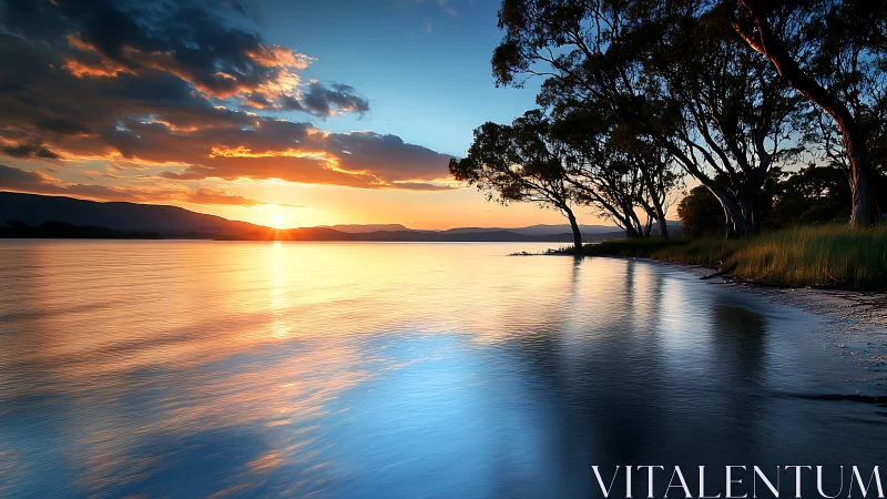 Sunset river mirror where ember sky kisses quiet trees.