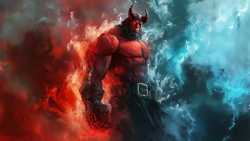 Infernal horned demon in red blue elemental energy vortex